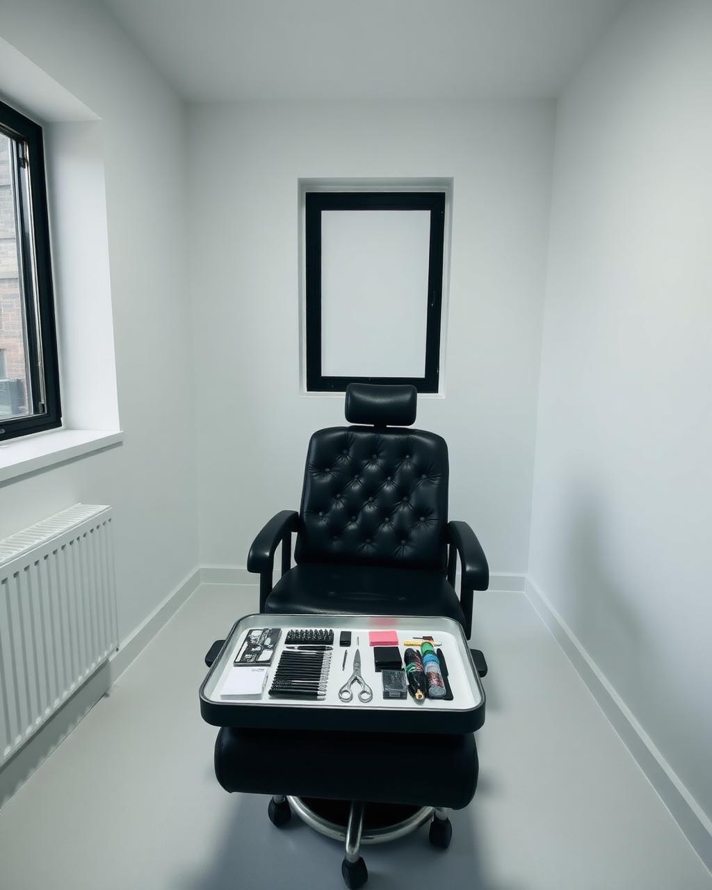 Interior do ateliê de tatuagem com luz natural e materiais organizados